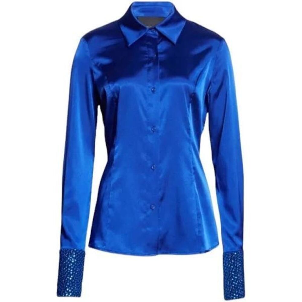 Le Superbe‎ NWT Superstoned Top Orbital Seamed Satin Fitted Shirt Cobalt Size 6
